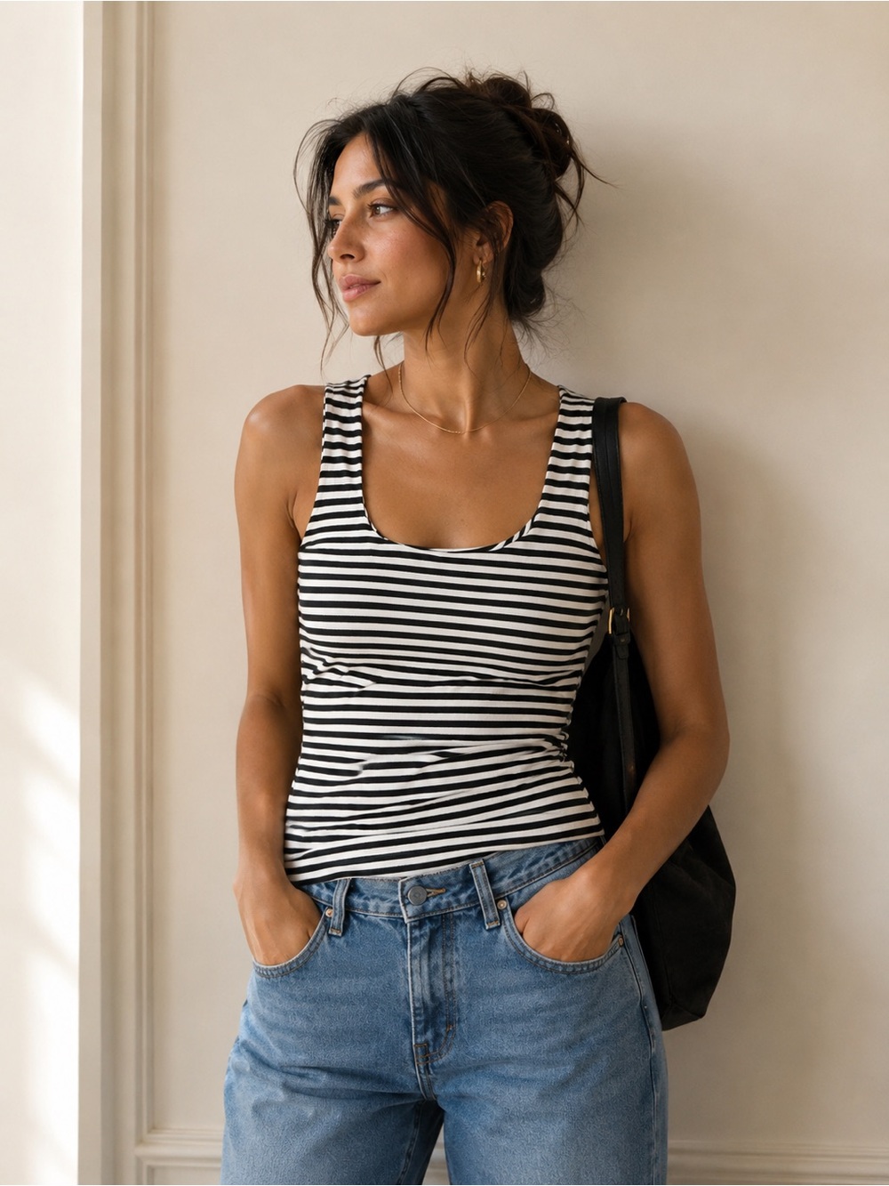 Zara Black and White Striped Scoop Neck Tank